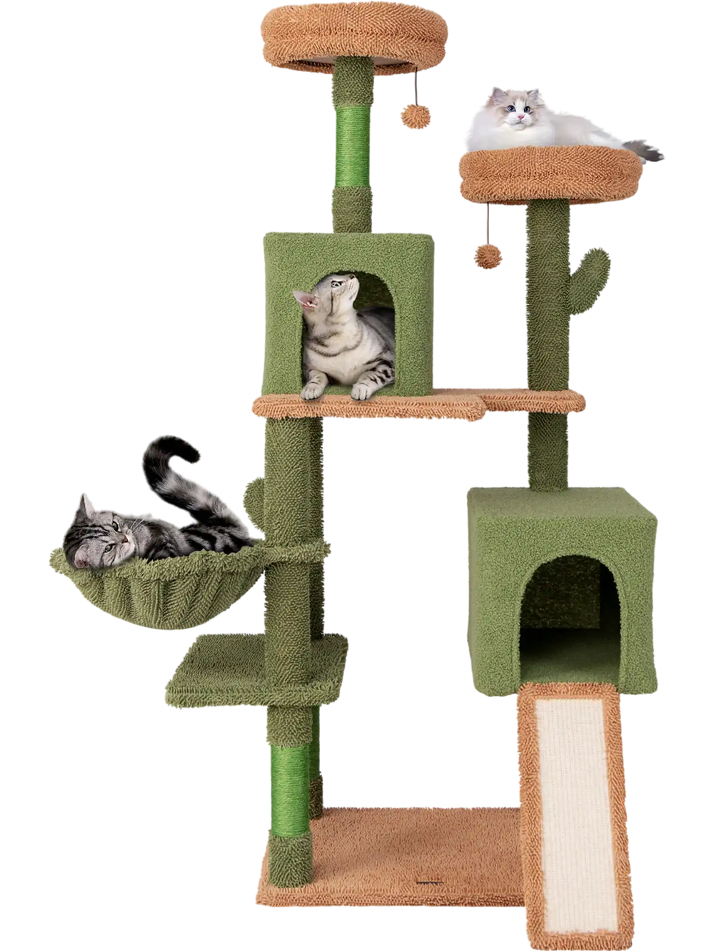 Multi-level cactus cat tree in green with plush perches, condos, and scratching posts for feline fun and relaxation.