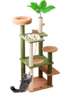 Multilevel cat tree in green with plush perches, scratching posts, and faux plant, perfect for active play and napping.