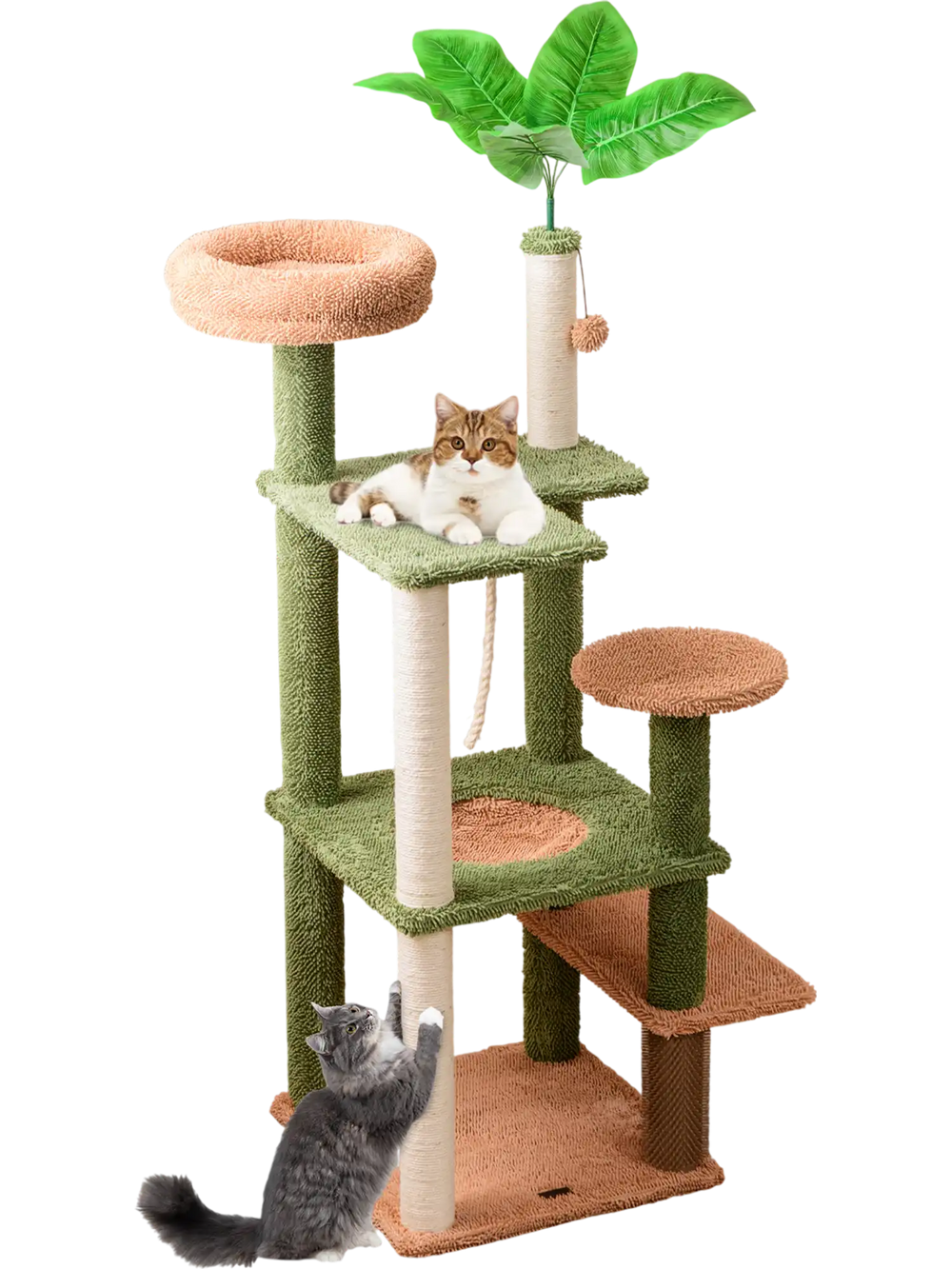 Multilevel cat tree in green with plush perches, scratching posts, and faux plant, perfect for active play and napping.