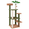 Multilevel cat tree in green with scratching posts, cozy perch, and faux plant for active feline play and relaxation.