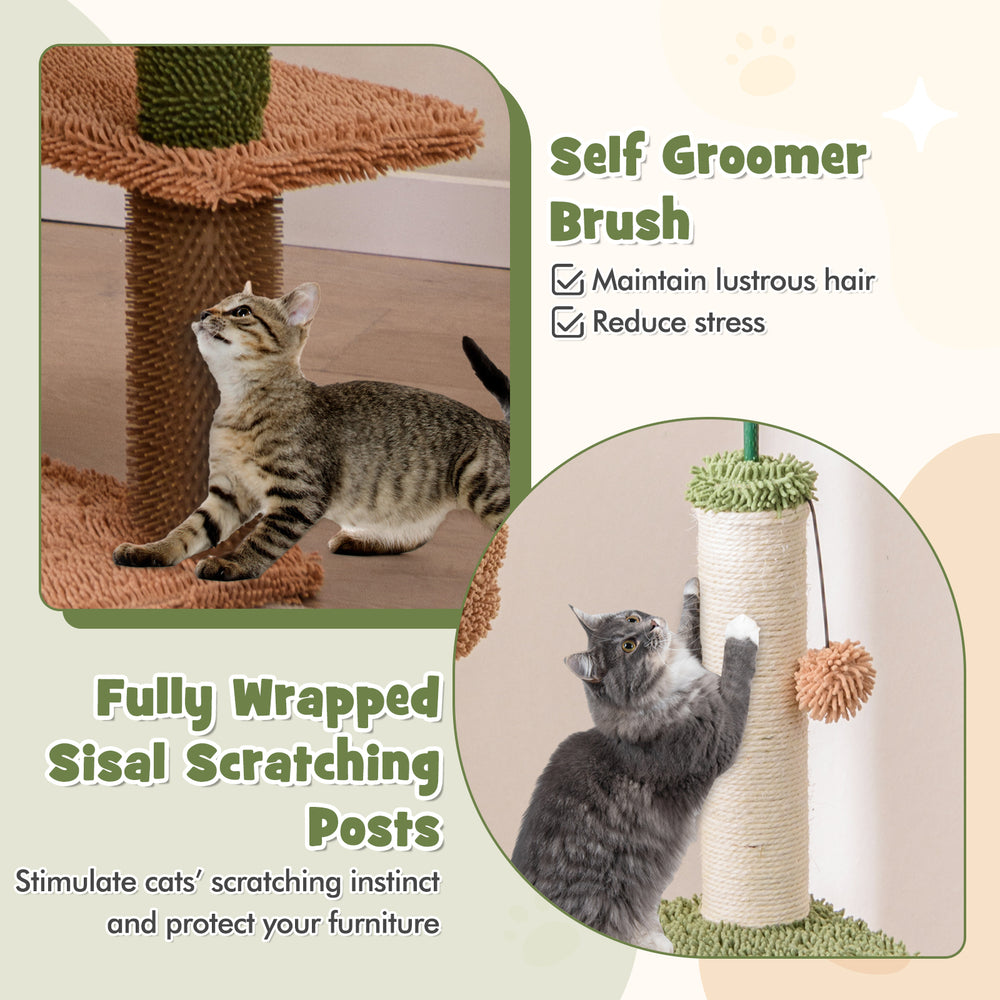 Multilevel cat tree featuring sisal scratching posts, plush perch, and self groomer brush for active and cozy play.