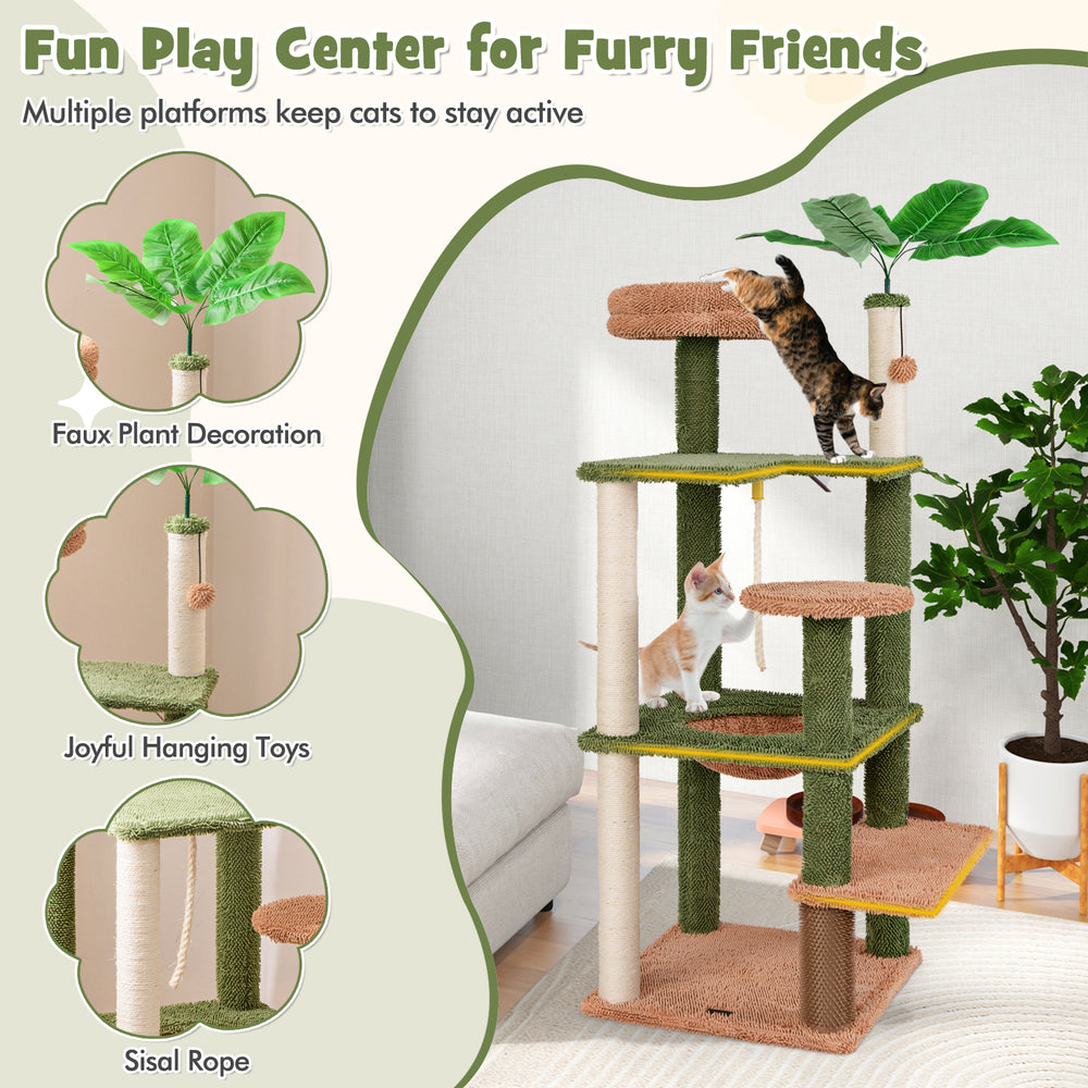 Multilevel cat tree with scratching posts, plush perch, and faux plant decoration for active feline play and relaxation.