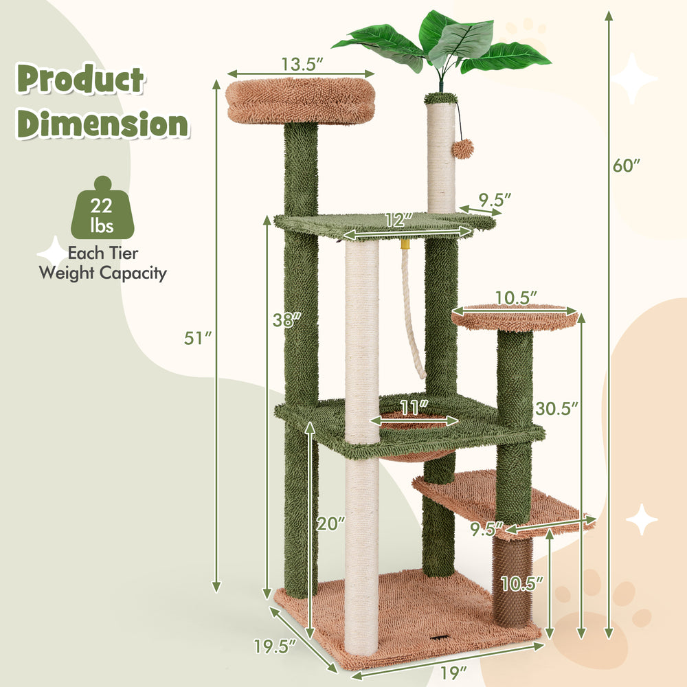 Multilevel cat tree in green with scratching posts, cozy bed, and faux plant, perfect for active cats and secure play.