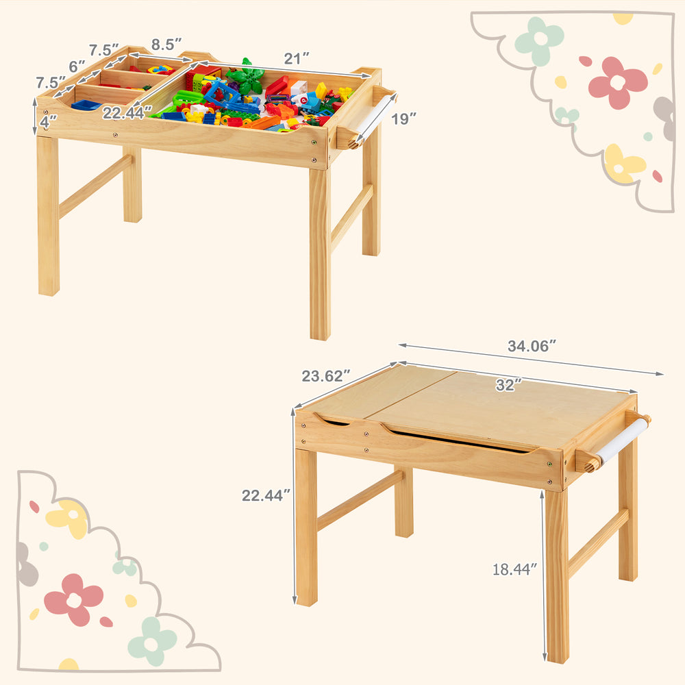 Kids multi-activity play table with removable tabletops, storage space, and paper roll for creative play and learning.