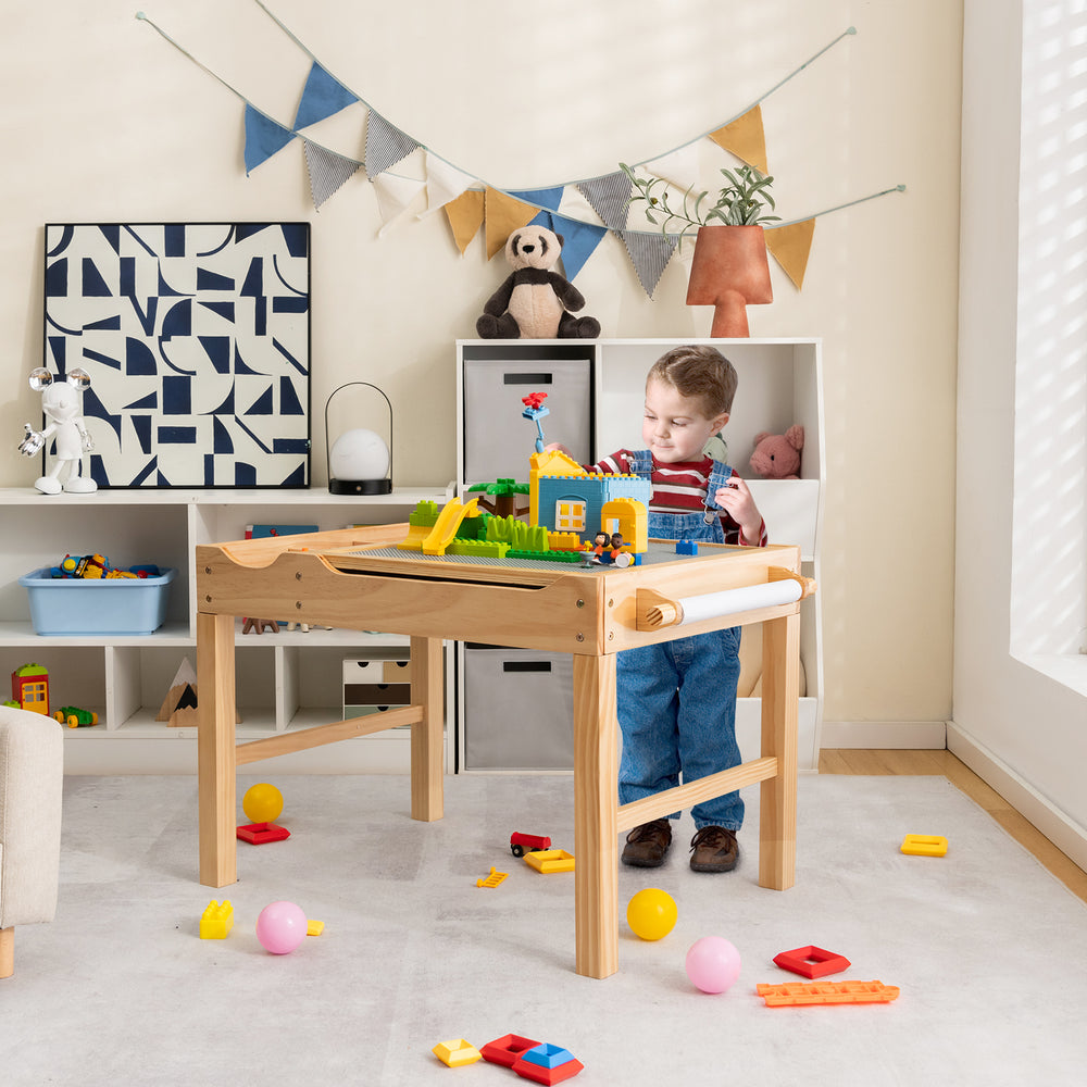 Kids Multi Activity Play Table Wooden Building Block Desk with Storage Paper Roll-Natural - Gallery View 1 of 10
