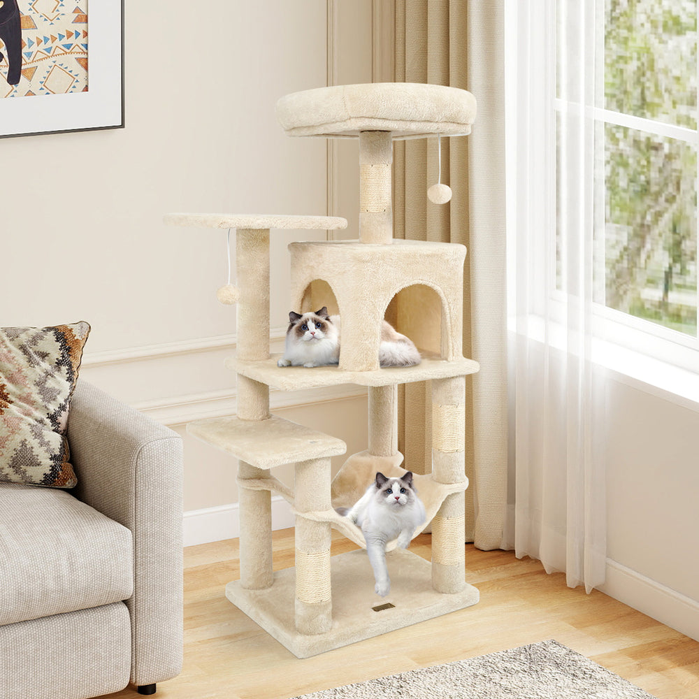 Multi-Level Cat Tower with 2-Door Condo and Padded Top Perch-Beige - Gallery View 1 of 11