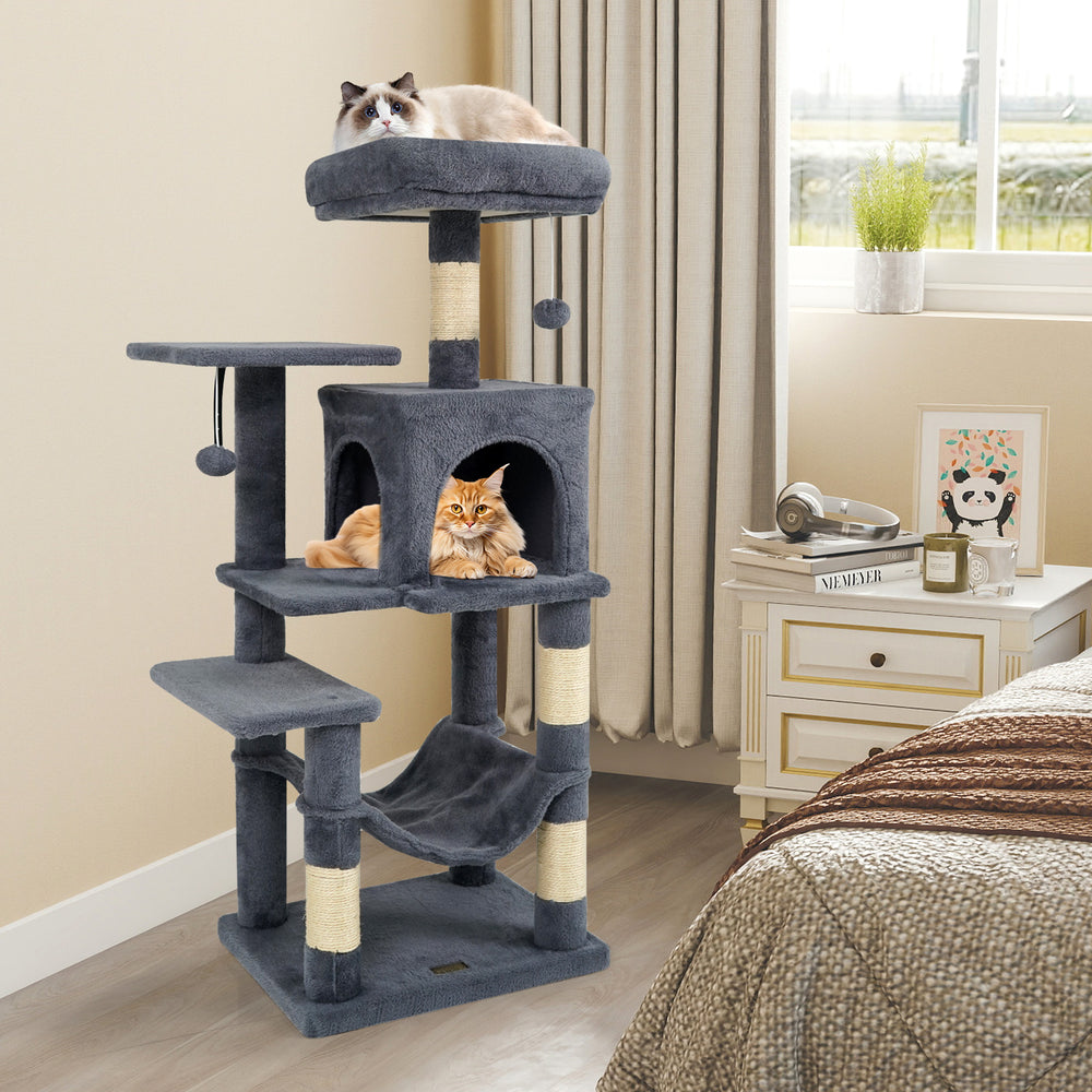 Multi-level gray cat tower featuring a 2-door condo, padded top perch, and sisal scratching posts for playful.