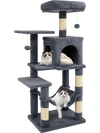 Multi-level cat tower in gray featuring a 2-door condo, padded top perch, and sisal scratching posts for playful.