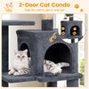 Multi-level cat tower with gray 2-door condo, padded top perch, and sisal scratching posts for playful relaxation.
