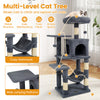 Multi-level cat tree in gray with spacious top perch, cozy hammock, and sisal scratching posts for playful exploration.