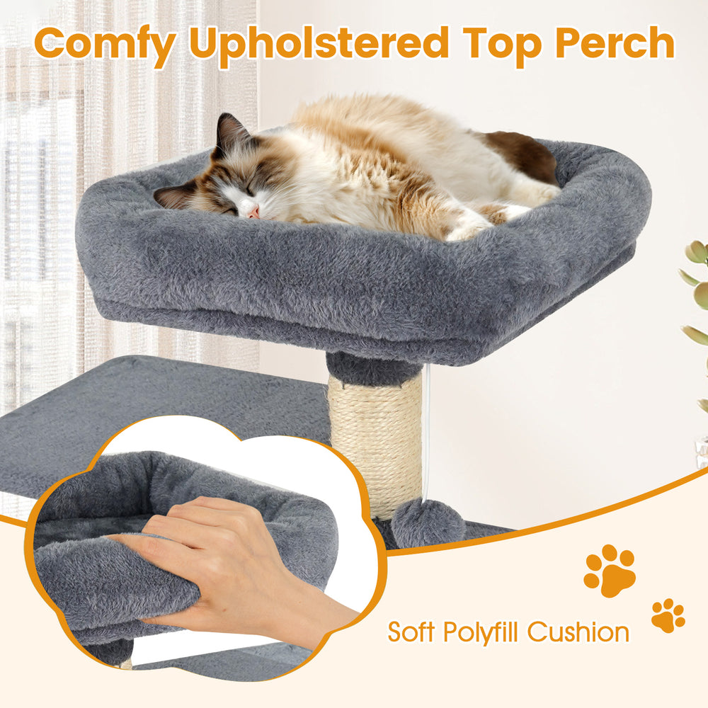 Cozy top perch with soft polyfill cushion on a gray multi-level cat tower for naps and panoramic views.
