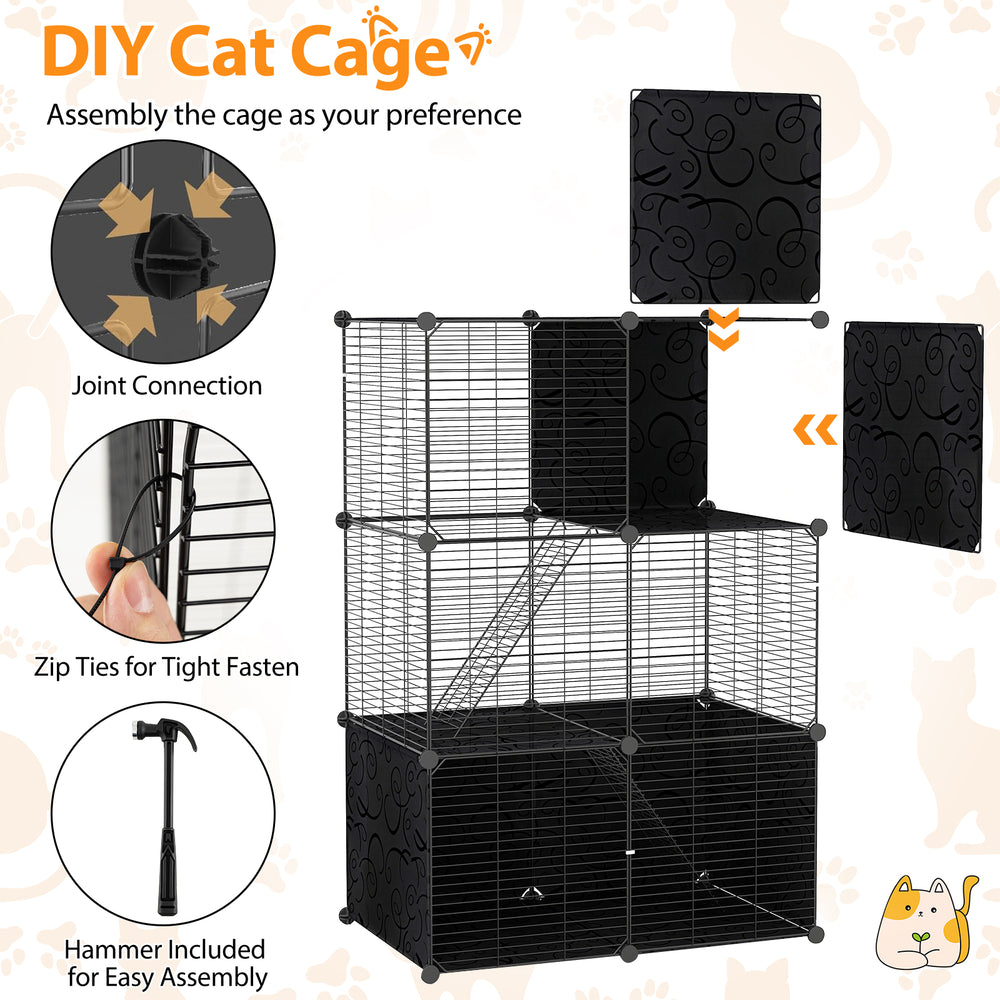 Multi-level cat tower in black with 2-door condo, hammock, and climbing platforms for exploration and relaxation.
