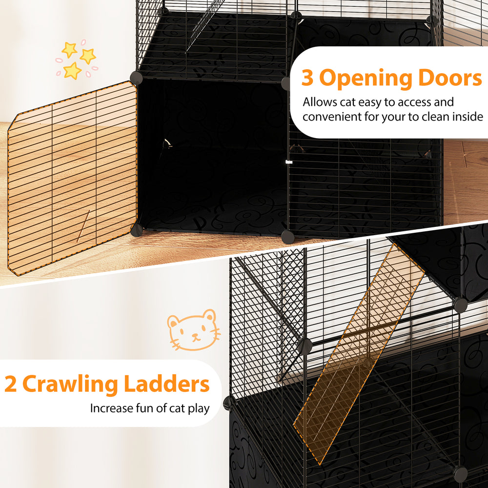 Multi-level cat tower featuring a black 2-door condo, hammock, and climbing platforms for playful exploration and.