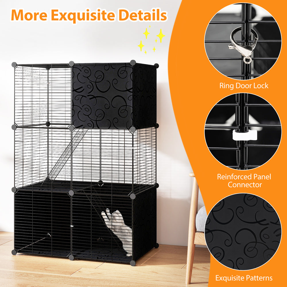 Multi-level cat tower in black featuring a 2-door condo, hammock, and sisal scratching posts for playful relaxation.