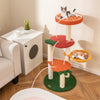 Multi-level cat tree with fruit-shaped platforms in red and orange, featuring sisal scratching posts and cozy resting.