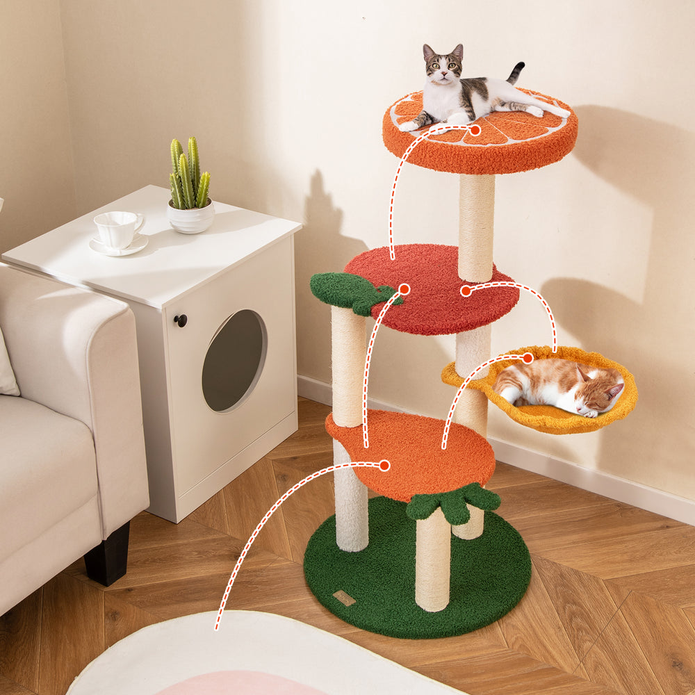 Multi-level cat tree with fruit-shaped platforms in red and orange, featuring sisal scratching posts and cozy resting.