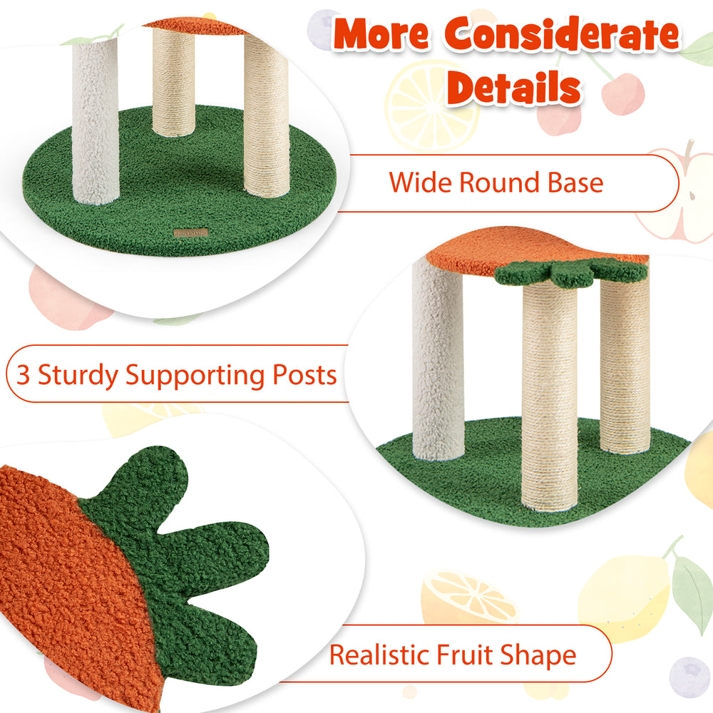 Multi-level cat tree with fruit-shaped platforms, sturdy sisal posts, and a wide round base for active play and comfort.