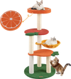 Multi-level cat tree with fruit-shaped platforms in red and orange, featuring sisal scratching posts and soft fleece.