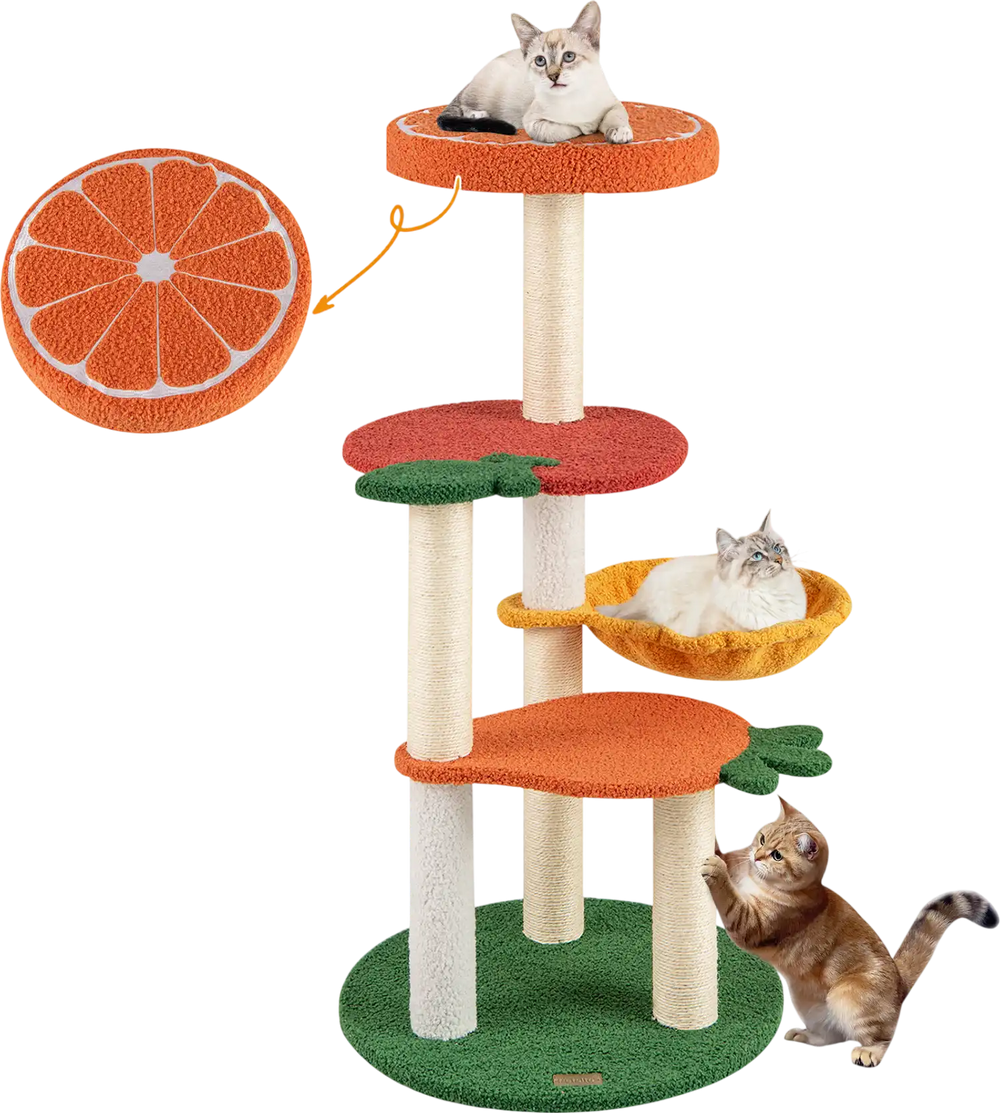 Multi-level cat tree with fruit-shaped platforms in red and orange, featuring sisal scratching posts and soft fleece.