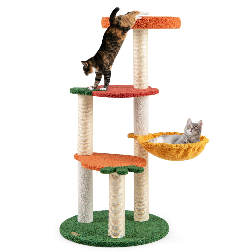 Multi-level cat tree with fruit-shaped platforms in red and orange, featuring sisal scratching posts and a cozy side.