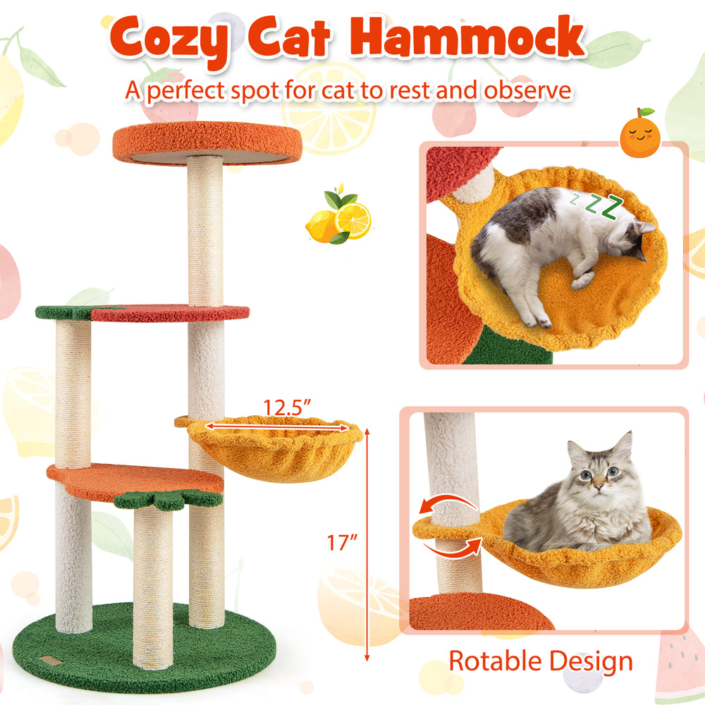 Multi-level cat tree with fruit-shaped platforms in red and orange, featuring a cozy rotatable hammock for resting.