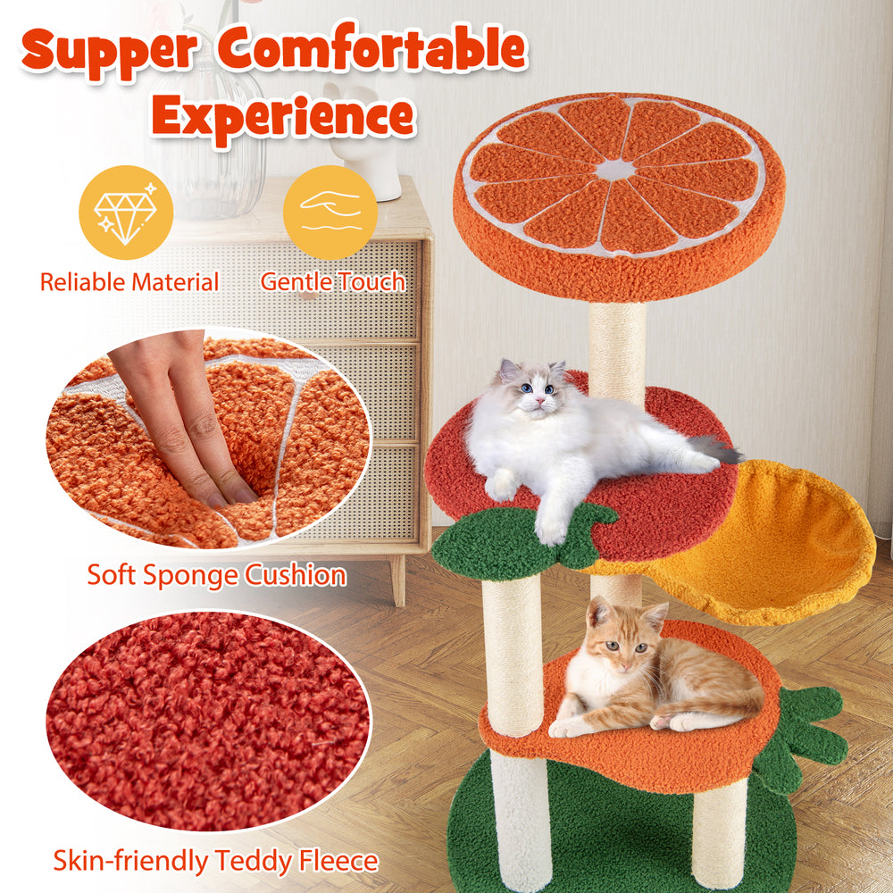 Multi-level cat tree with fruit-shaped platforms in red and orange, featuring soft sponge cushions for ultimate comfort.