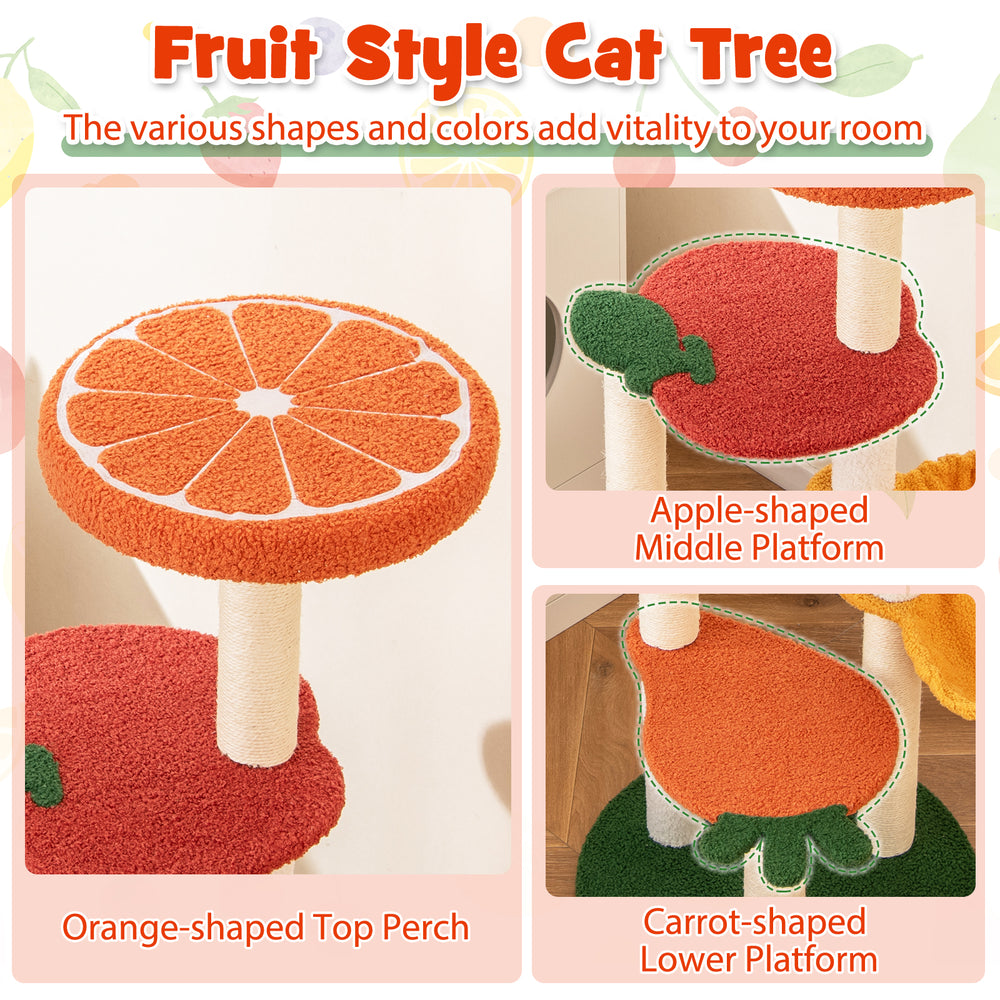 Orange-shaped top perch of a multi-level cat tree with fruit-themed platforms for playful pet activity and comfort.
