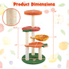 Multi-level cat tree with fruit-shaped platforms in red and orange, featuring sisal scratching posts and a stable base.
