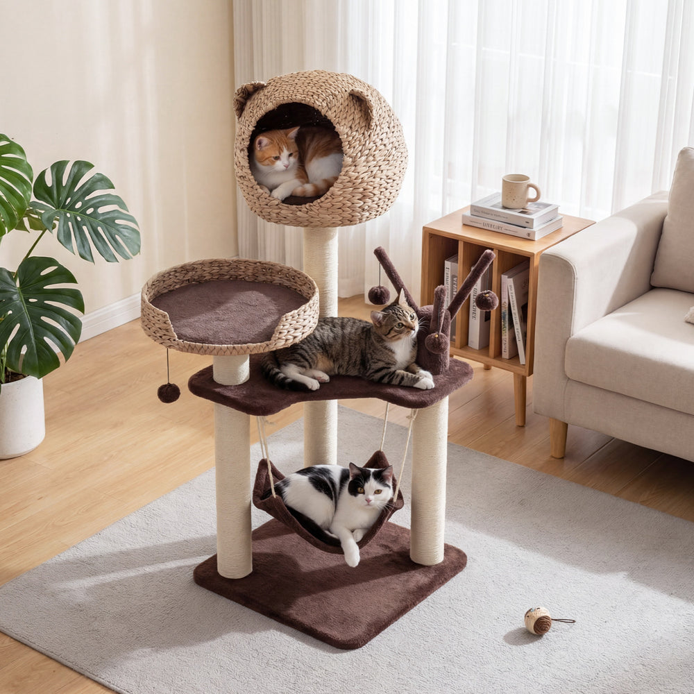 Multi-Level Cat Tree with Condo Hammock and Rotatable Hanging Balls-Brown - Gallery View 1 of 10