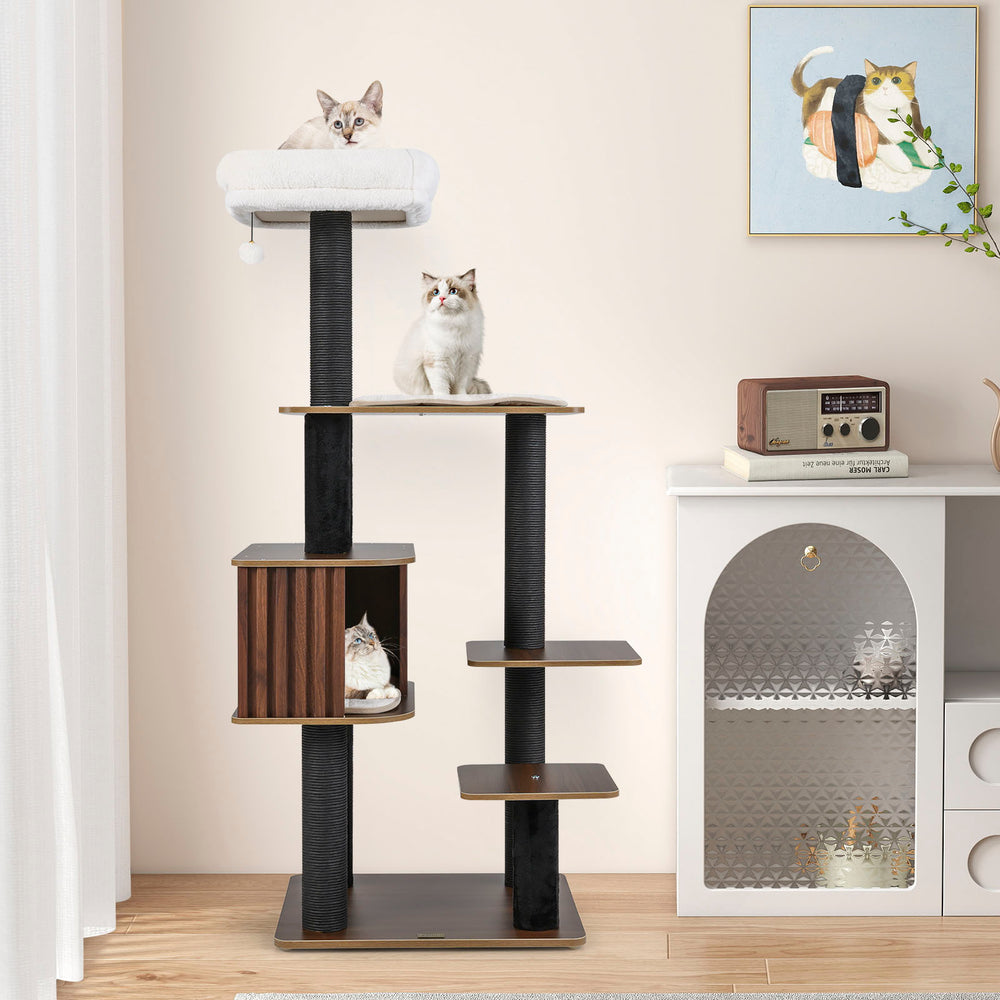 Multi-level Cat Tree for Indoor Cat 59.5 inch Tall Cat Tower with Cushion Top Perch-Brown - Gallery View 1 of 10