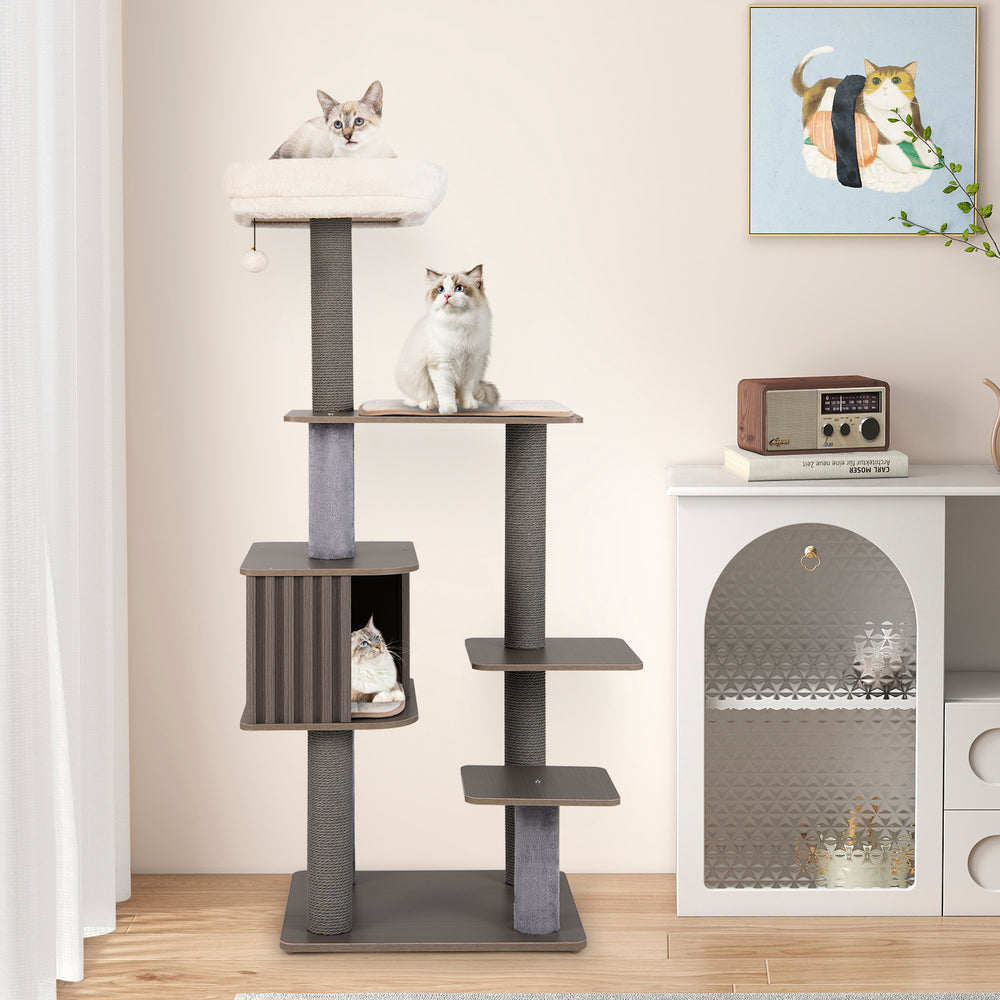 Multi-level cat tree with a cozy top perch, gray color, and spacious condo for indoor cats, perfect for climbing and.