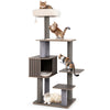 Multi-level cat tree with cozy top perch, scratching posts, and interactive pompom for indoor cats, gray color.