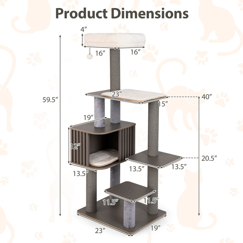 Product dimensions of a 59.5-inch tall gray multi-level cat tree with cozy perch and spacious condo for indoor cats.