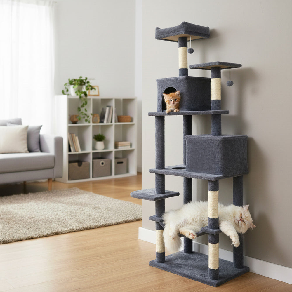 Multi-level Cat Tree Modern Cat Tower with Upholstered Perch and 2 Cat Condo-Dark Gray - Gallery View 1 of 11
