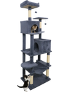 Multi-level dark gray cat tree featuring two condos, a top perch, and scratching posts for climbing and lounging.