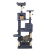 Multi-level dark gray cat tree featuring two condos, a hammock, and a comfy perch for relaxation and play.