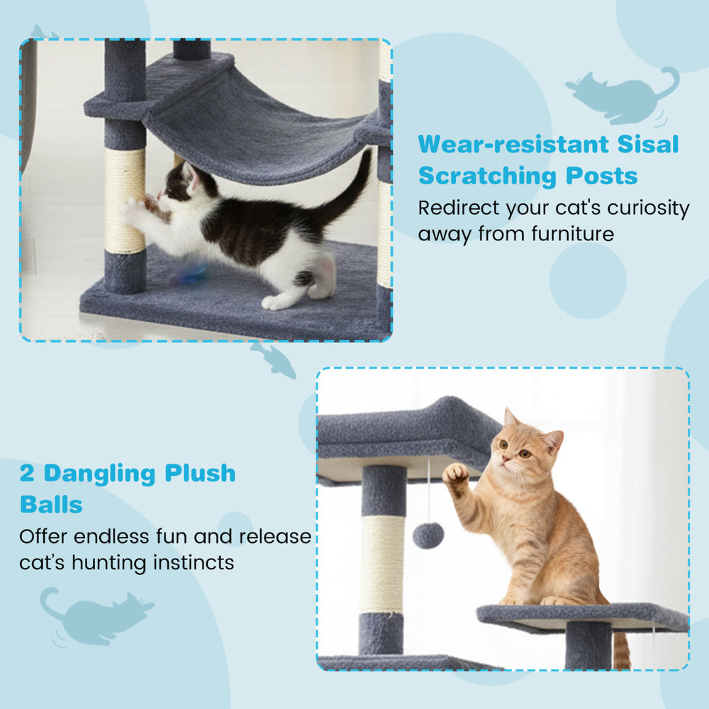Multi-level cat tree in dark gray featuring scratching posts, plush balls, and a cozy perch for relaxation and play.