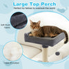 Cozy upholstered top perch of the dark gray multi-level cat tree, perfect for feline relaxation and observation.