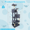 Multi-level cat tree dimensions showing dark gray design with condos, perch, and scratching posts for climbing and.