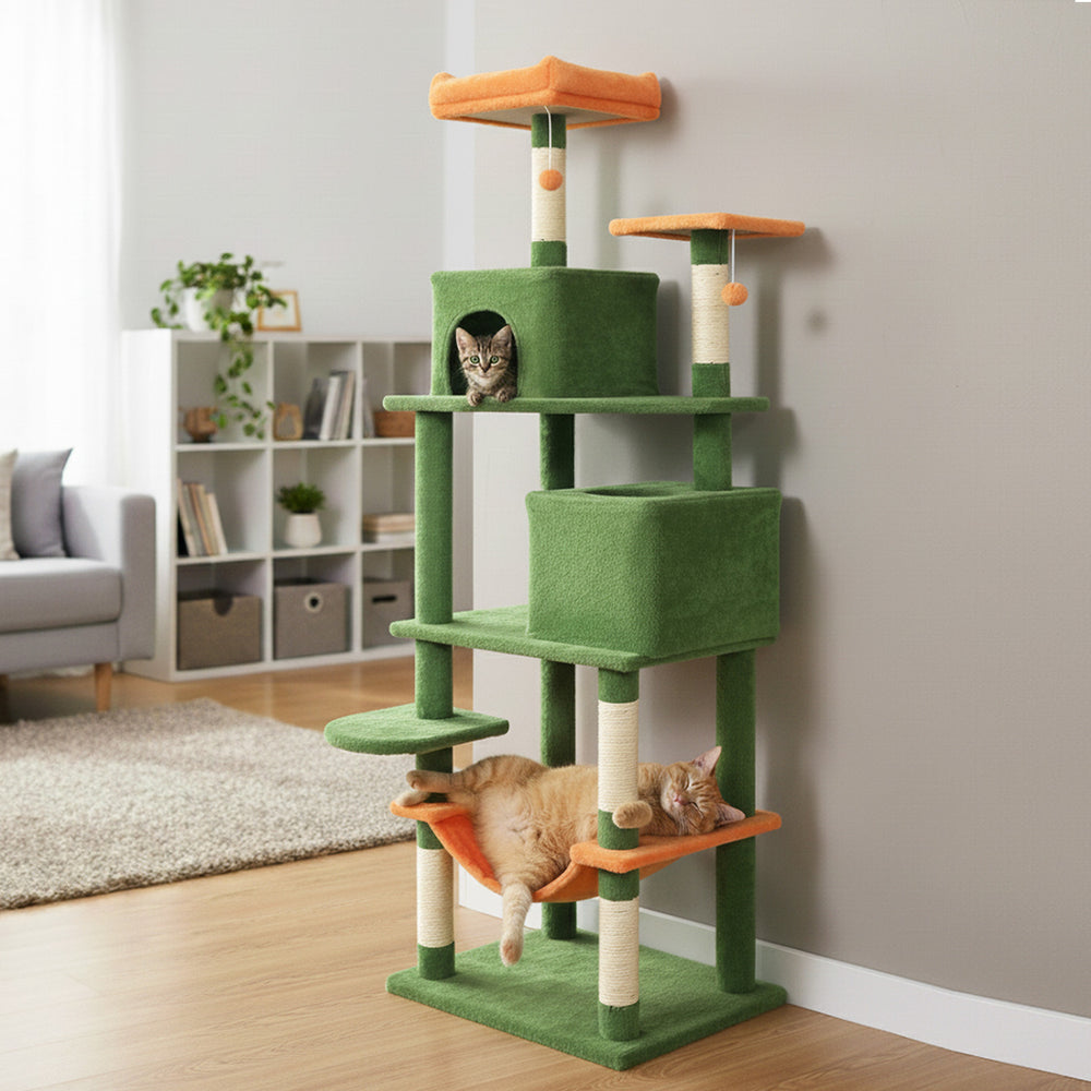 Multi-level Cat Tree Modern Cat Tower with Upholstered Perch and 2 Cat Condo-Green - Gallery View 1 of 11