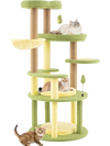 Multi-level avocado-themed cat tree with wide perches, soft cushions, and jute scratching posts for active play.