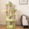 Multi-level avocado-themed cat tree with wide platforms, soft cushions, and jute scratching posts for active play.