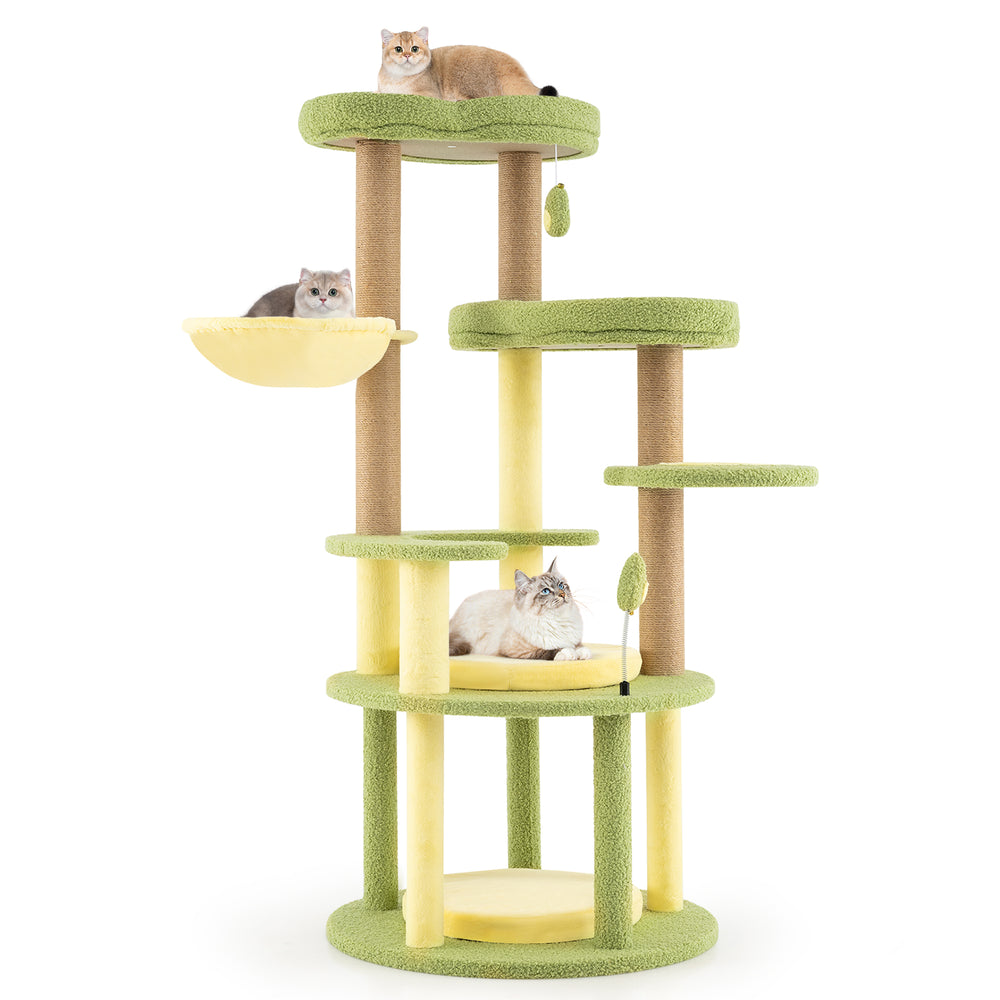 Multi-level avocado-themed cat tree with wide platforms, jute scratching posts, and removable soft cushions for comfort.
