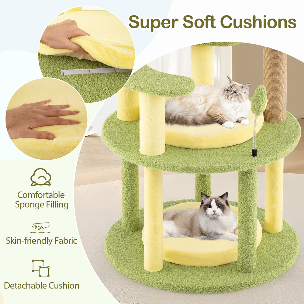 Multi-level avocado-themed cat tree featuring soft, removable cushions and wide platforms for lounging and play.