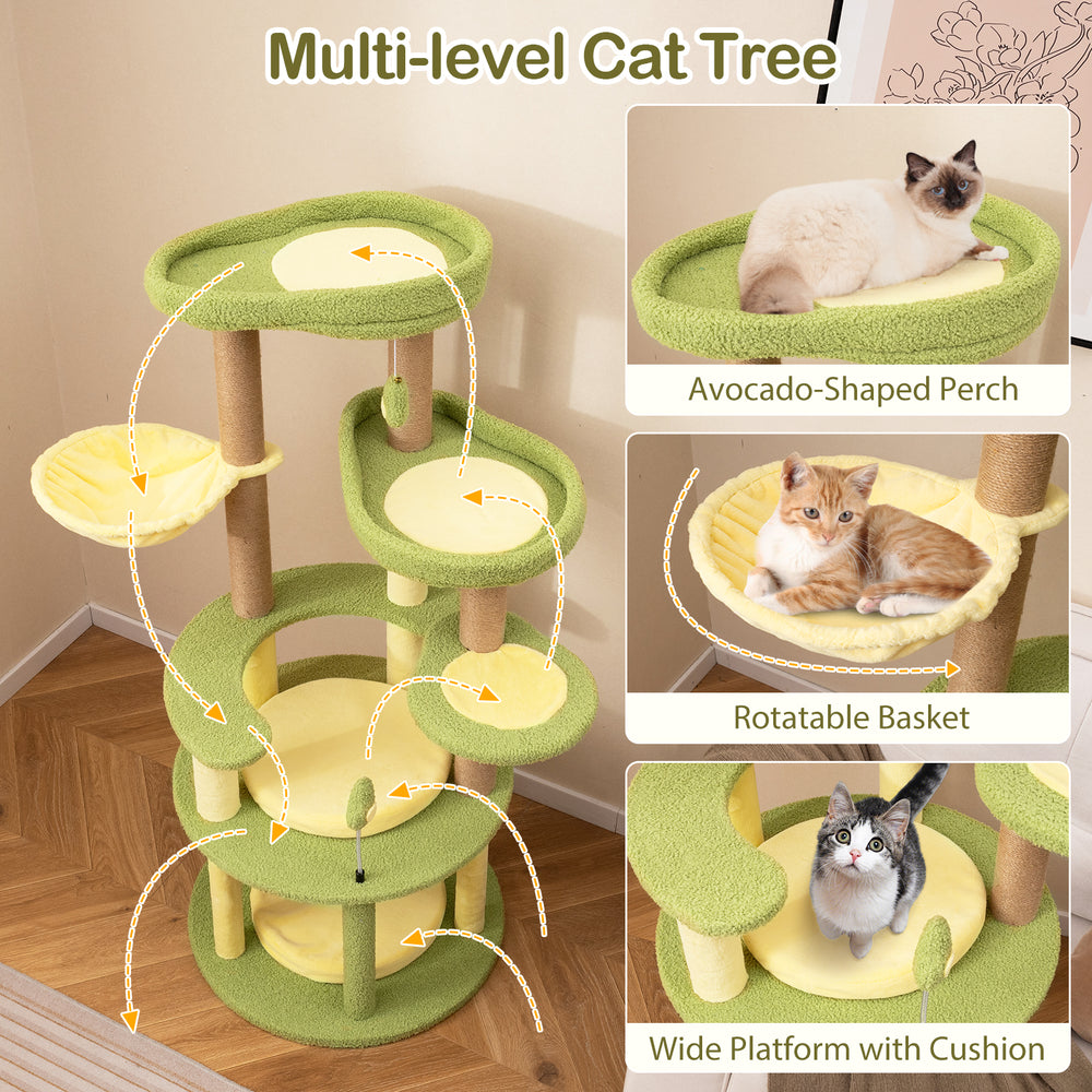 Multi-level cat tree with avocado-themed design, featuring wide perch, rotatable basket, and soft removable cushions.