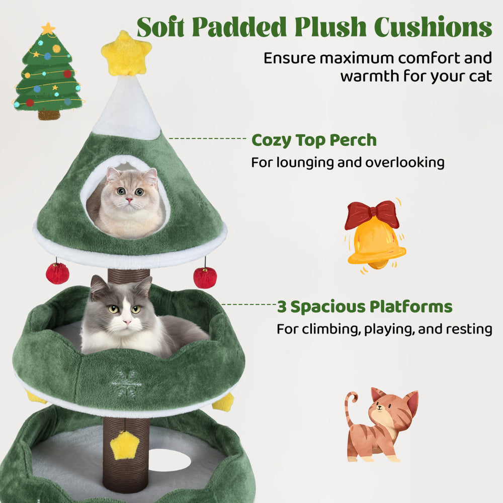 Multi-level Christmas cat tree features a green tree design with 3 platforms and soft padded cushions for cozy lounging.