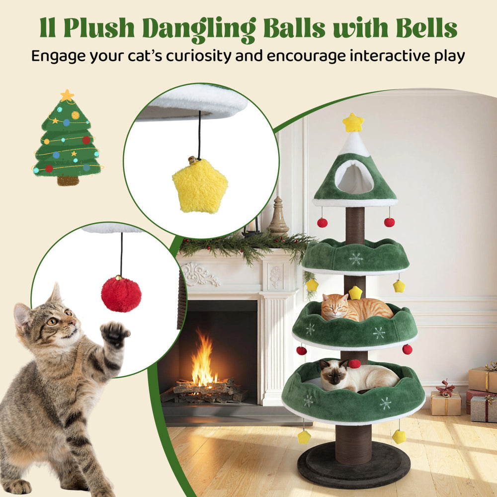 Multi-level Christmas cat tree features 3 platforms, plush cushions, and 11 dangling balls for interactive play and comfort.