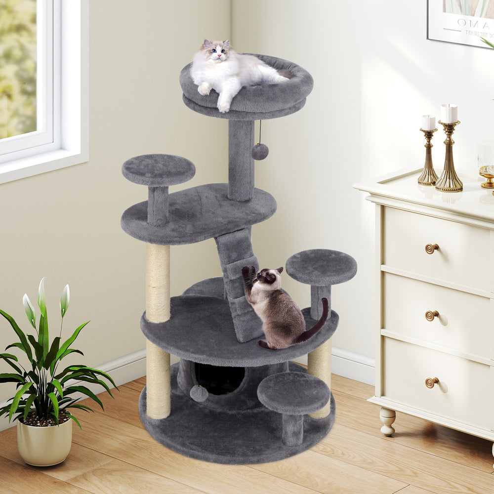 Multi-level kitty tower with condo, climbing ladder, and plush perches for comfortable cat exploration and play.