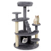 Multi-level kitty tower in gray with condo, climbing ladder, and multiple perches for cats to explore and relax.