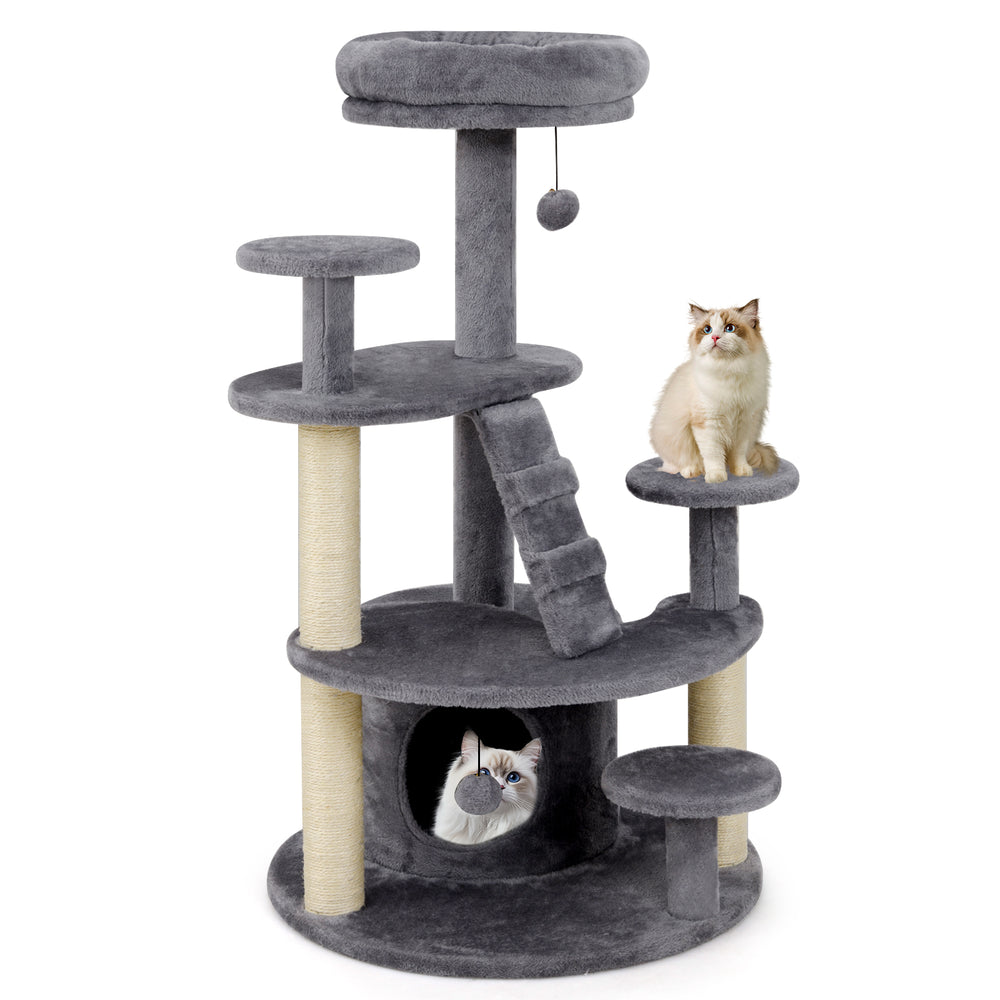 Multi-level kitty tower in gray with condo, climbing ladder, and multiple perches for cats to explore and relax.